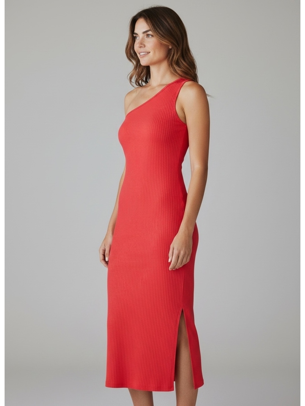 Banana Republic Red One Shoulder Ribbed Midi Dress - Size L